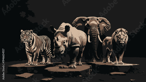 Vintage Style Animals Standing Together vector illustration