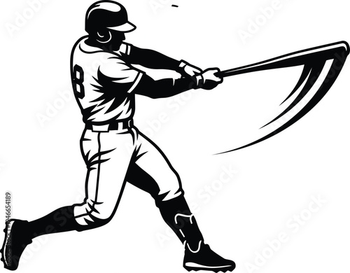 Baseball player swinging bat, dynamic action shot, sports illustration, clean vector art
