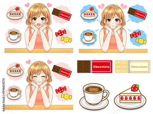 ダイエット中にお菓子の想像をする女子のアニメ系イラスト素材セット