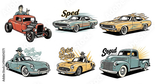 Collection of Classic Cartoon Cars with Drivers and Unique Designs.