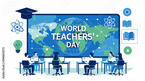 World Teachers' Day Concept With Students And World Map vector illustration
