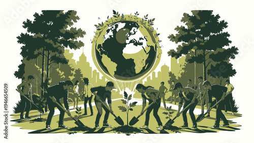 People Planting Trees for Environmental Conservation vector illustration