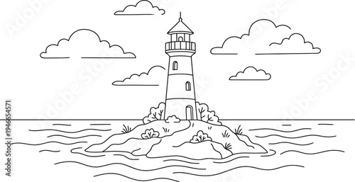 Continuous line drawing of a lighthouse on rocks in the sea
A tall black and white lighthouse.
