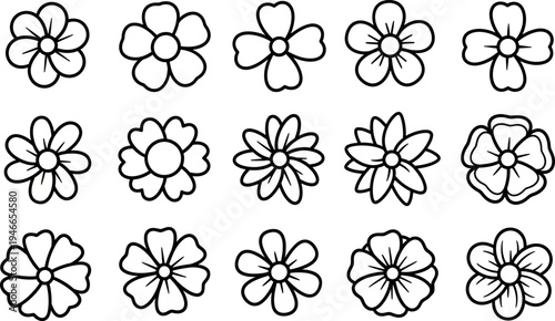 Collection of fifteen black outline flower with varied petal shapes black and white