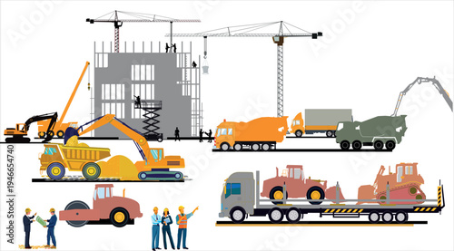 Baustelle mit Bauarbeitern und Architekten Illustration
