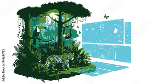 Jungle Wildlife and Data Display vector illustration