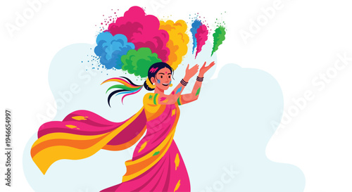 A joyful woman in a vibrant pink and yellow sari celebrating happy holi with colorful powders in a lively and festive atmosphere