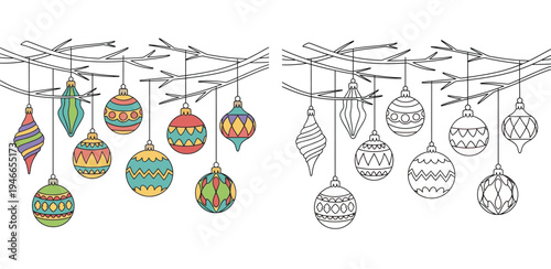 Hanging Christmas Baubles and Branches: Colorful Decorations and Black and White Line Art Coloring Page Vector Illustration