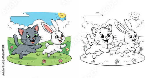Happy Cartoon Grey Cat and White Rabbit Running and Playing Together in a Sunny Field