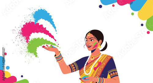 A woman in traditional Indian attire celebrating happy Holi with colorful powders against a white background