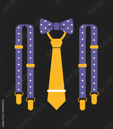 Men’s Bow Tie and Suspenders Set, stylish purple and yellow accessory design, fashionable formalwear vector illustration