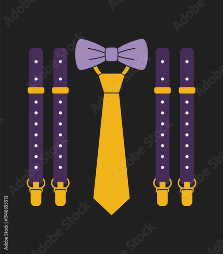 Men’s Bow Tie and Suspenders Set, stylish purple and yellow accessory design, fashionable formalwear vector illustration