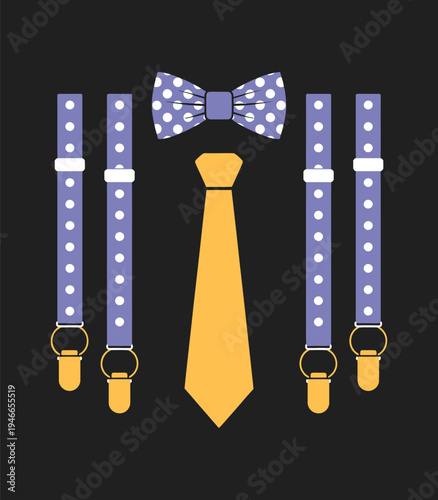 Men’s Bow Tie and Suspenders Set, stylish purple and yellow accessory design, fashionable formalwear vector illustration