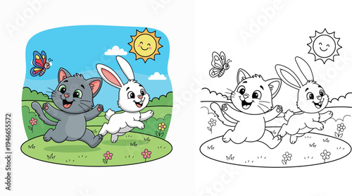 Joyful Cartoon Grey Cat and White Rabbit Chasing a Butterfly in a Sunny Meadow