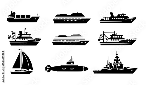 Ship silhouette collection cargo cruise fishing boat maritime vector set