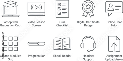 A collection of ten thin line icons representing various online education and e learning concepts