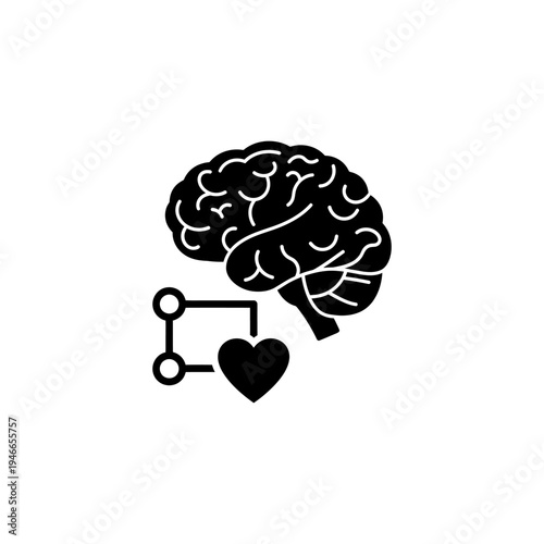 Black Brain Connected to Heart Icon Symbolizing Mind-Heart Link