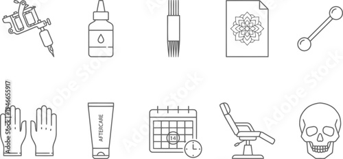 Tattoo equipment and safety icons, tattoo machine, ink, gloves, calendar