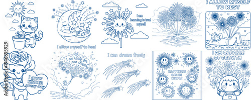 Charming Line of Animals and Nature with Healing Affirmations rose moon Coloring Book page Bundle