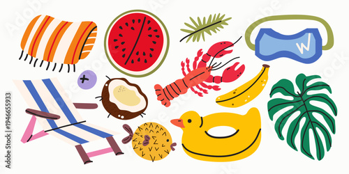 Collection of vector summer vacation elements, watermelon, lobster, yellow duck, coconut, beach chair and palm leaf. Bright summer cartoon clip art for stickers, labels, scrapbooking
