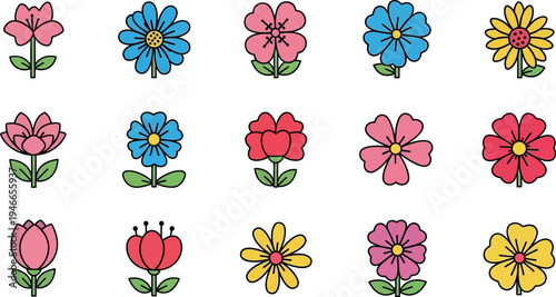 Collection of fifteen colorful cartoon flowers with green stems and leaves floral