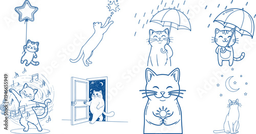 Collection of eight charming blue line of playful cats engaged in various Coloring Book page Bundle