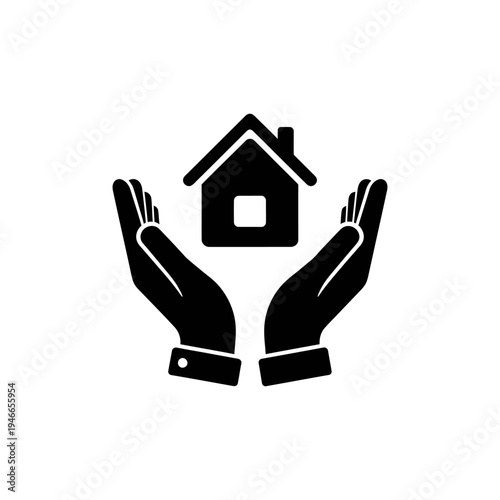 Black Hands Protecting Small House Icon Symbol
