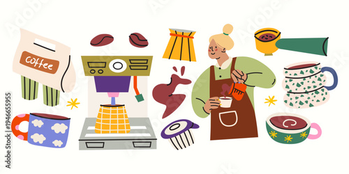 Cartoon set of coffee making process. Barista character, coffee machine, beans, grinder and cups. Cozy flat elements for coffee shop branding, cafe menu, stickers, badges, cards and prints