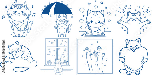 Eight delightful blue line featuring cute cats in diverse playful and Coloring Book page Bundle