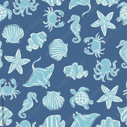 Seamless nautical sea animal pattern. Vintage block print ocean life background with turtle, octopus, and starfish. Blue coastal marine textile design.