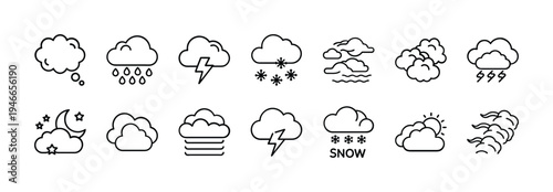 Collection of weather icons representing various atmospheric conditions in outline style