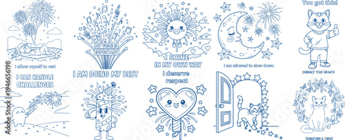 Happy cat giving a thumbs up with motivational messages about embracing Coloring Book page Bundle