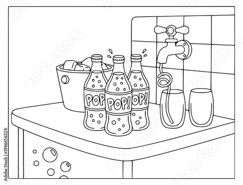 Soda coloring page showing glass bottles and a tap on a kitchen counter