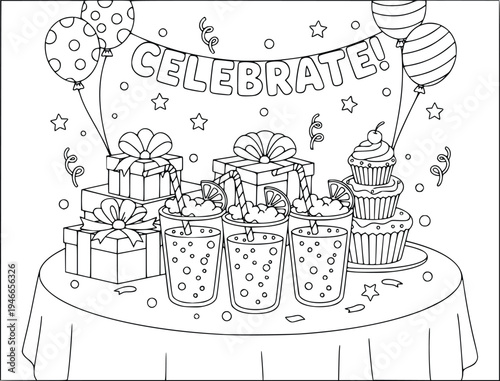 Smoothie coloring page showing party drinks on a table with gift boxes