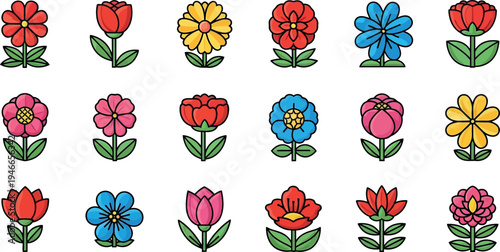 Collection of fifteen colorful flat flower floral bloom