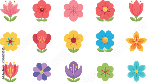 Collection of fifteen colorful flat flowers with green stems and leaves floral