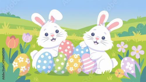 Two cheerful white bunnies sitting in a vibrant green field with colorful easter eggs and flowers on a sunny day