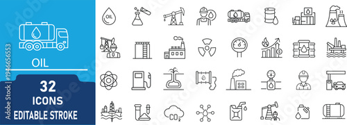 Oil Industry Line Icon Set. Contain to related icons drilling rig, refinery, fuel station, oil barrel, petroleum production and energy industry. Editable stroke. Vector illustration.