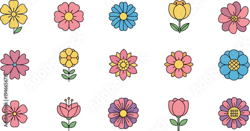 Collection of fifteen stylized cartoon flowers in various colors floral simple