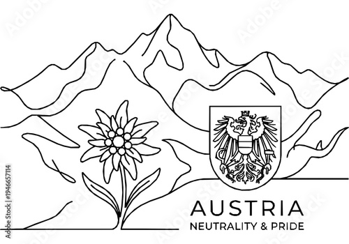 Austria National Day Monoline Background with Alps and Edelweiss