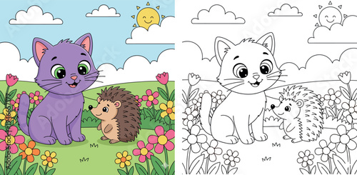 Cute Cartoon Purple Cat and Hedgehog Friends in a Sunny Flower Garden