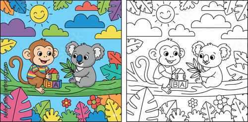 Cute Cartoon Monkey and Koala Playing with Alphabet Blocks in a Colorful Jungle Tree