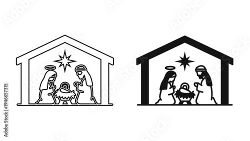 Nativity Scene Icons  Holy Family in Stable with Star of Bethlehem, Christmas Birth of Jesus Vector Illustration