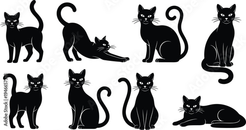 Collection of eight black cat silhouettes in various poses including sitting, stretching, standing, and lying down for artistic design, decoration, or creative illustration.