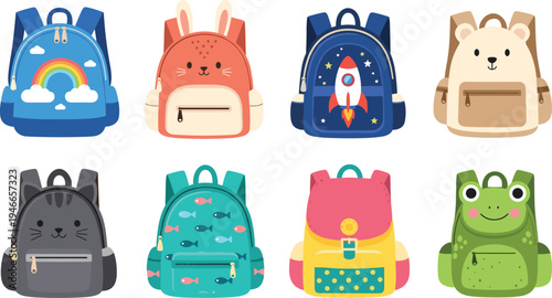 Collection of eight colorful children’s backpacks featuring playful designs with animals, characters, and patterns for school accessories, kids’ fashion, or creative illustration.