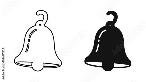 Christmas Bell Icons Festive Jingle Bell Vector Illustration, Minimalist Notification Alert and Wedding Bell Symbols in Outline and Silhouette