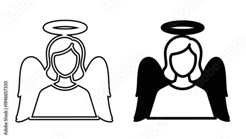 Christmas Angel Icons  Heavenly Winged Guardian with Halo Vector Illustration, Religious Spiritual Symbol in Line Art and Silhouette for Xmas Decor