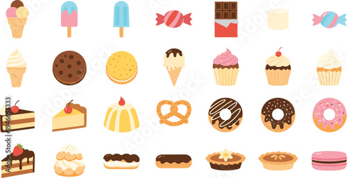 Colorful dessert illustration set featuring ice cream, cupcakes, donuts, cakes, candies, and sweets arranged in grid format for culinary artwork or decorative design.
