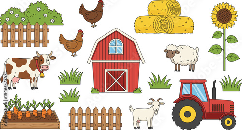 Colorful farm illustration featuring red barn, tractor, cow, goat, sheep, chickens, hay bales, sunflower, and vegetable garden for agricultural artwork or educational design.