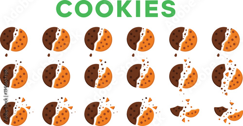 Cookie illustration set featuring twenty chocolate and vanilla cookies in playful designs with crumbs, halves, and bold text label for food concept artwork
